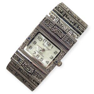 Adrina 3112 Quartz Movement Intricate Silver Tone Cuff Watch w/ Rectangular Face